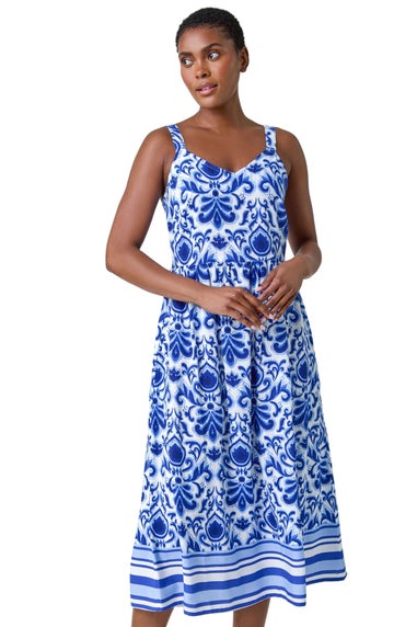 Roman Royal Blue Paisley Border Print Midi Dress