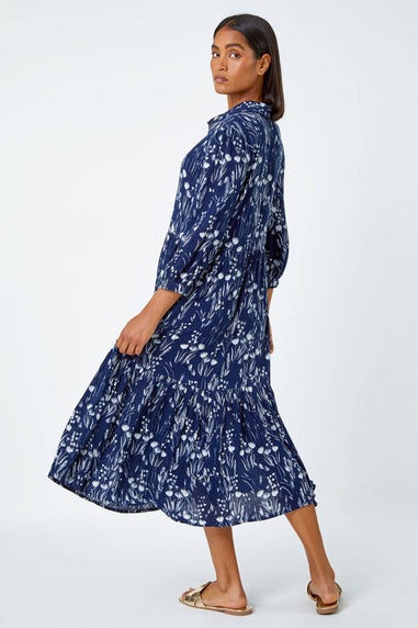 Roman Navy Floral Print Midi Shirt Dress