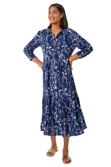 Roman Navy Floral Print Midi Shirt Dress