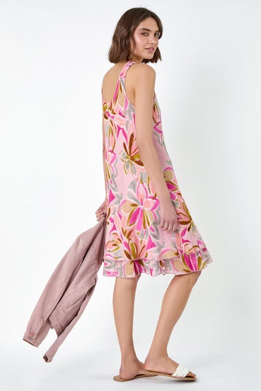 Roman Pink Floral Print Cotton Layered Dress