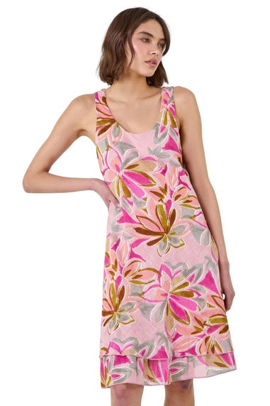 Roman Pink Floral Print Cotton Layered Dress