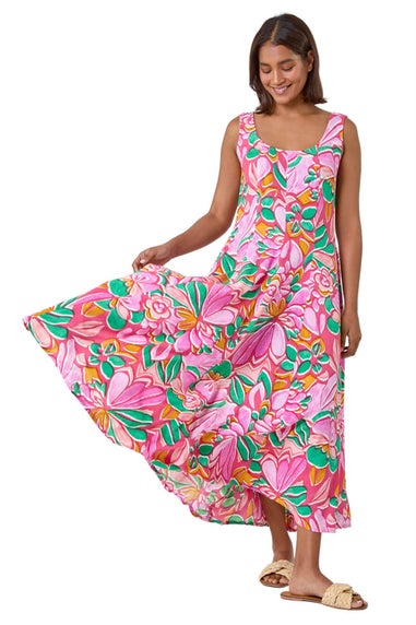 Roman Pink Floral Print Panelled Midi Dress