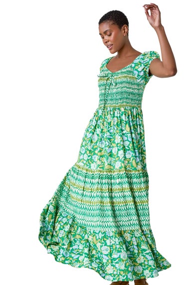 Roman Green Mixed Print Shirred Midi Dress