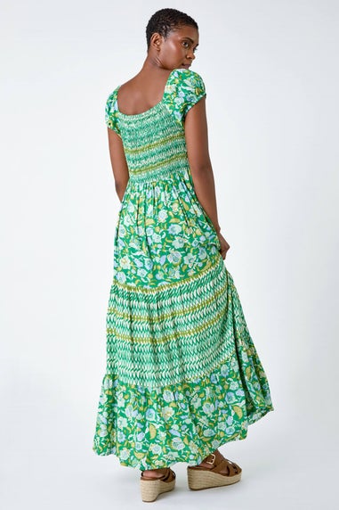 Roman Green Mixed Print Shirred Midi Dress