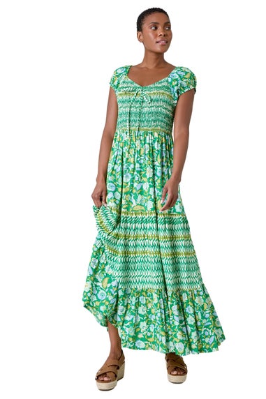 Roman Green Mixed Print Shirred Midi Dress