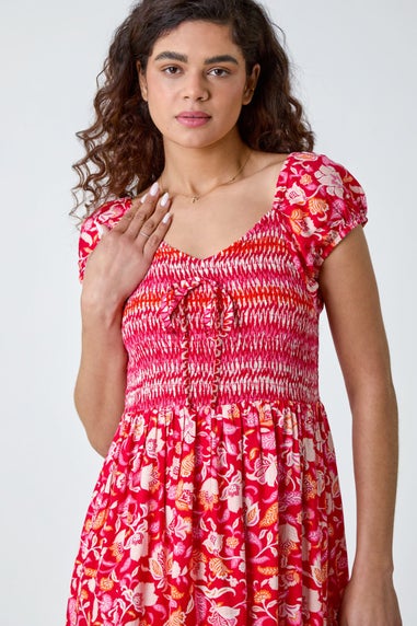 Roman Red Mixed Print Shirred Midi Dress