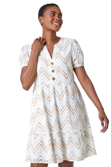 Roman Cream Zig-Zag Embroidered Cotton Tunic Dress