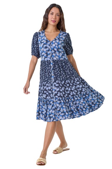 Roman Navy Floral Cotton Blend Tiered Smock Dress