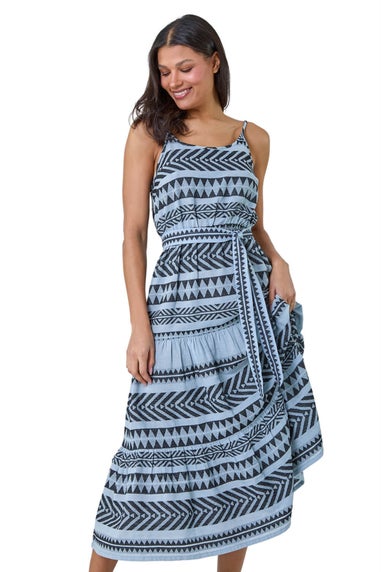 Roman Light Blue Aztec Cotton Tiered Midi Dress