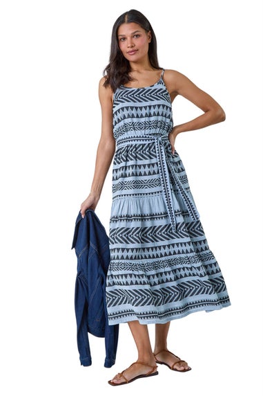 Roman Light Blue Aztec Cotton Tiered Midi Dress