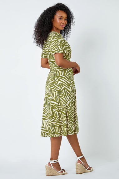 Roman Petite Khaki Animal Stretch Gathered Midi Dress