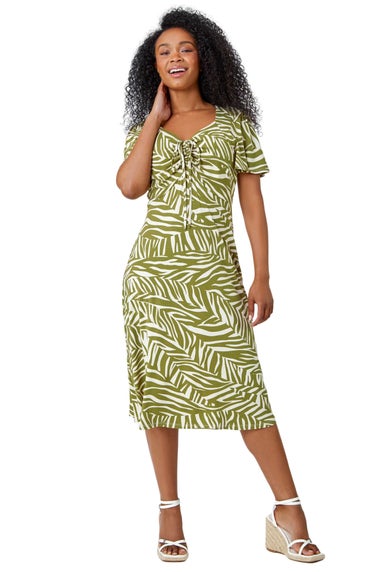 Roman Petite Khaki Animal Stretch Gathered Midi Dress