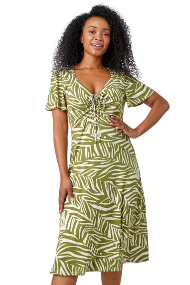 Roman Petite Khaki Animal Stretch Gathered Midi Dress