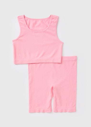 Girls Pink Seamless Top & Cycle Shorts Set (6-13yrs)