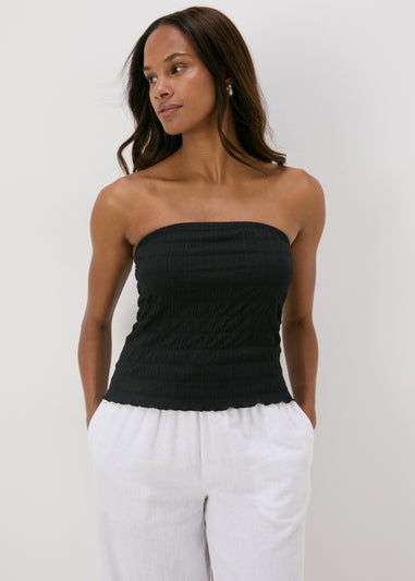 Black Shirred Bandeau Top