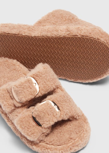 Taupe Double Buckle Borg Slippers