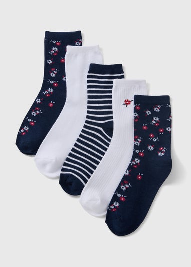 5 Pack Navy Floral Crew Socks