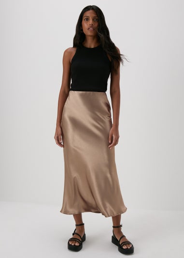 Brown Satin Midi Skirt