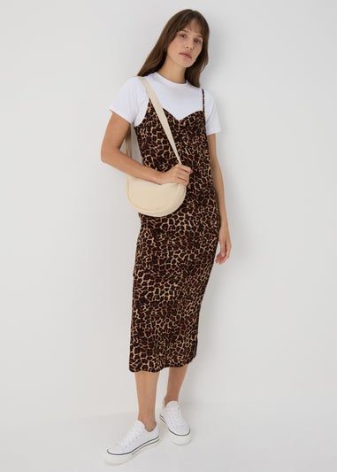 Brown Leopard Print 2 in 1 Cami Midi Dress