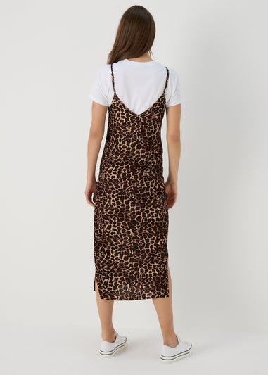 Brown Leopard Print 2 in 1 Cami Midi Dress