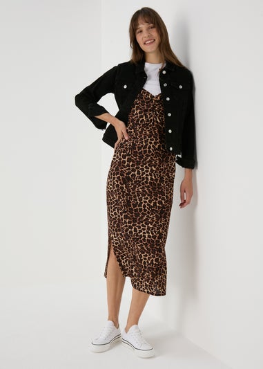 Brown Leopard Print 2 in 1 Cami Midi Dress