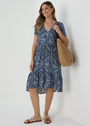 Navy Patterned Midi Tea Dress