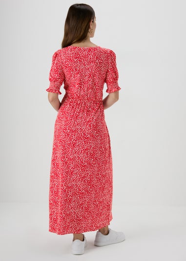 Red Textured Shirred Cuff Midi Dress