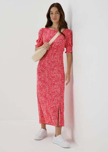 Red Textured Shirred Cuff Midi Dress