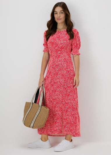 Red Textured Shirred Cuff Midi Dress