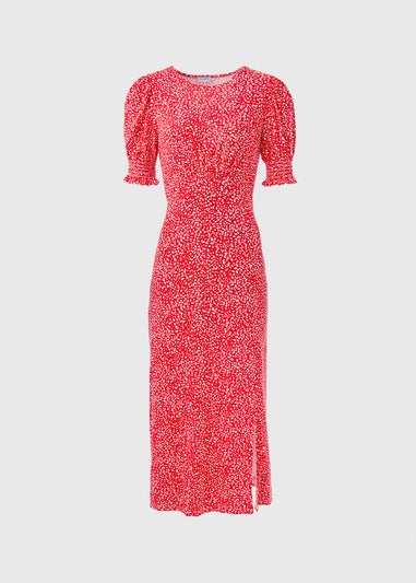 Red Textured Shirred Cuff Midi Dress