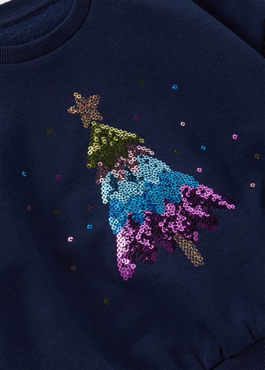 Girls Navy Sequin Christmas Tree Sweatshirt (1-7yrs)