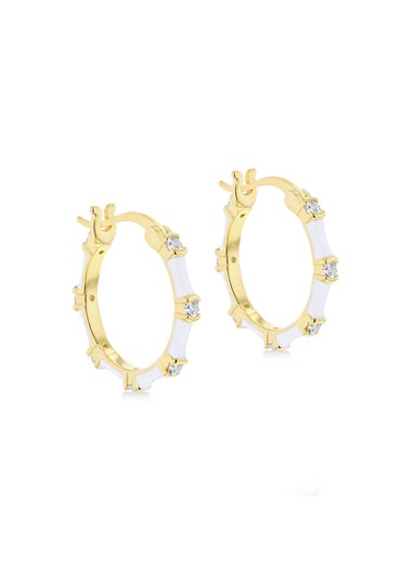 Golden Moments Yellow Gold Plated CZs White Enamel Hoop Earrings