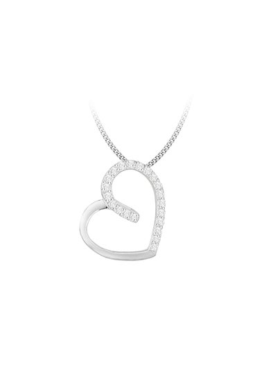 Golden Moments Sterling Silver CZ Half Polished Heart Slider Necklace