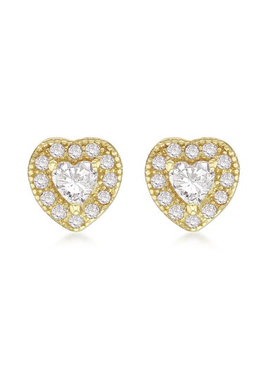 Golden Moments Sterling Silver Yellow Gold Plated CZ Heart Stud Earrings