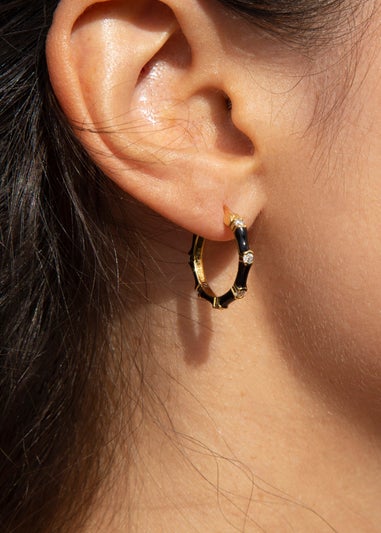 Golden Moments Yellow Gold Plated CZs Black Enamel Hoop Earrings