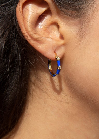 Golden Moments Yellow Gold Plated CZs Blue Enamel Hoop Earrings