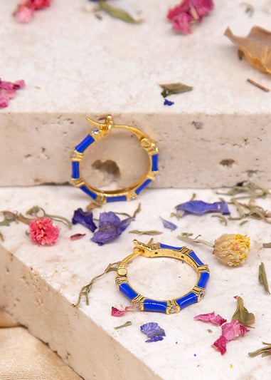 Golden Moments Yellow Gold Plated CZs Blue Enamel Hoop Earrings