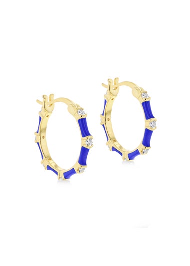 Golden Moments Yellow Gold Plated CZs Blue Enamel Hoop Earrings