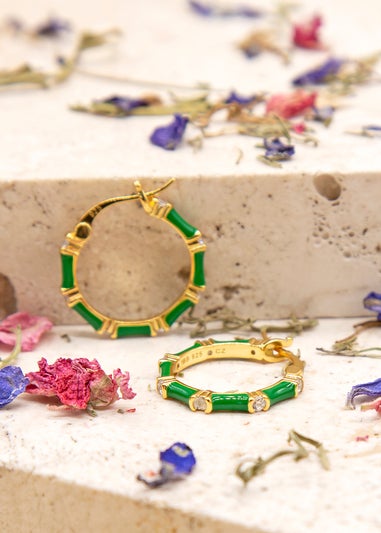 Golden Moments Yellow Gold Plated CZs Green Enamel Hoop Earrings