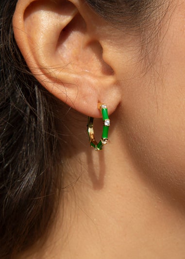 Golden Moments Yellow Gold Plated CZs Green Enamel Hoop Earrings