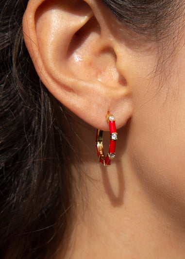 Golden Moments Yellow Gold Plated CZs Red Enamel Hoop Earrings