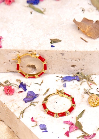 Golden Moments Yellow Gold Plated CZs Red Enamel Hoop Earrings