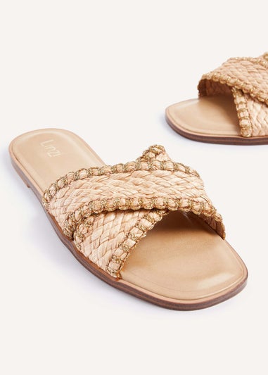 Linzi Honey Brown & Rose Gold Woven Crossover Flat Slider Sandals