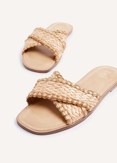 Linzi Honey Brown & Rose Gold Woven Crossover Flat Slider Sandals