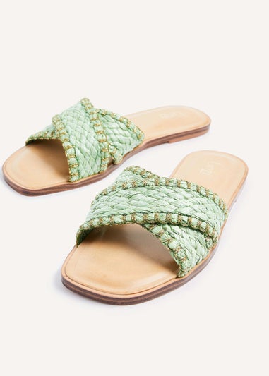 Linzi Honey Green & Gold Woven Crossover Flat Slider Sandals