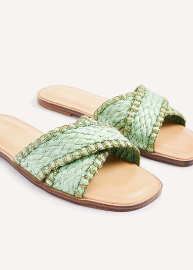 Linzi Honey Green & Gold Woven Crossover Flat Slider Sandals