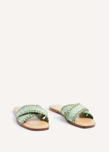 Linzi Honey Green & Gold Woven Crossover Flat Slider Sandals