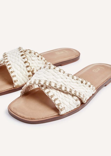 Linzi Honey White & Gold Woven Crossover Flat Slider Sandals