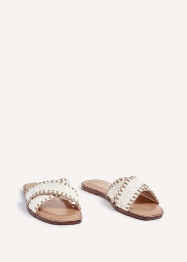 Linzi Honey White & Gold Woven Crossover Flat Slider Sandals