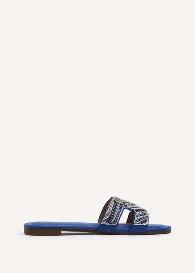 Linzi Indira Cobalt Blue Suede Aztec Design Embellished Slider Sandal